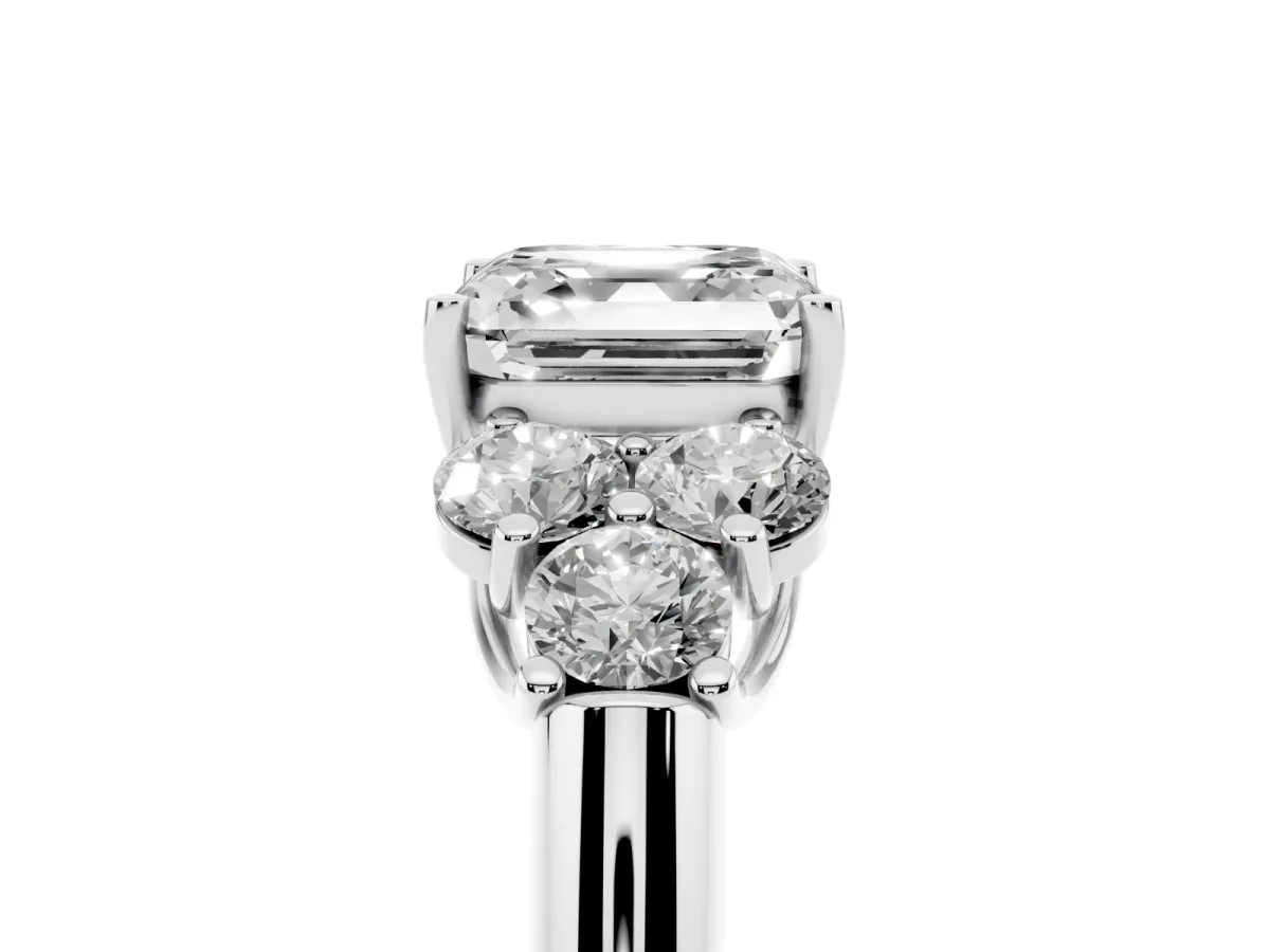 Asscher Cut Cut Diamond Cluster Ring with Round Accent Stones and Prong Setting on a Classic Band Platinum