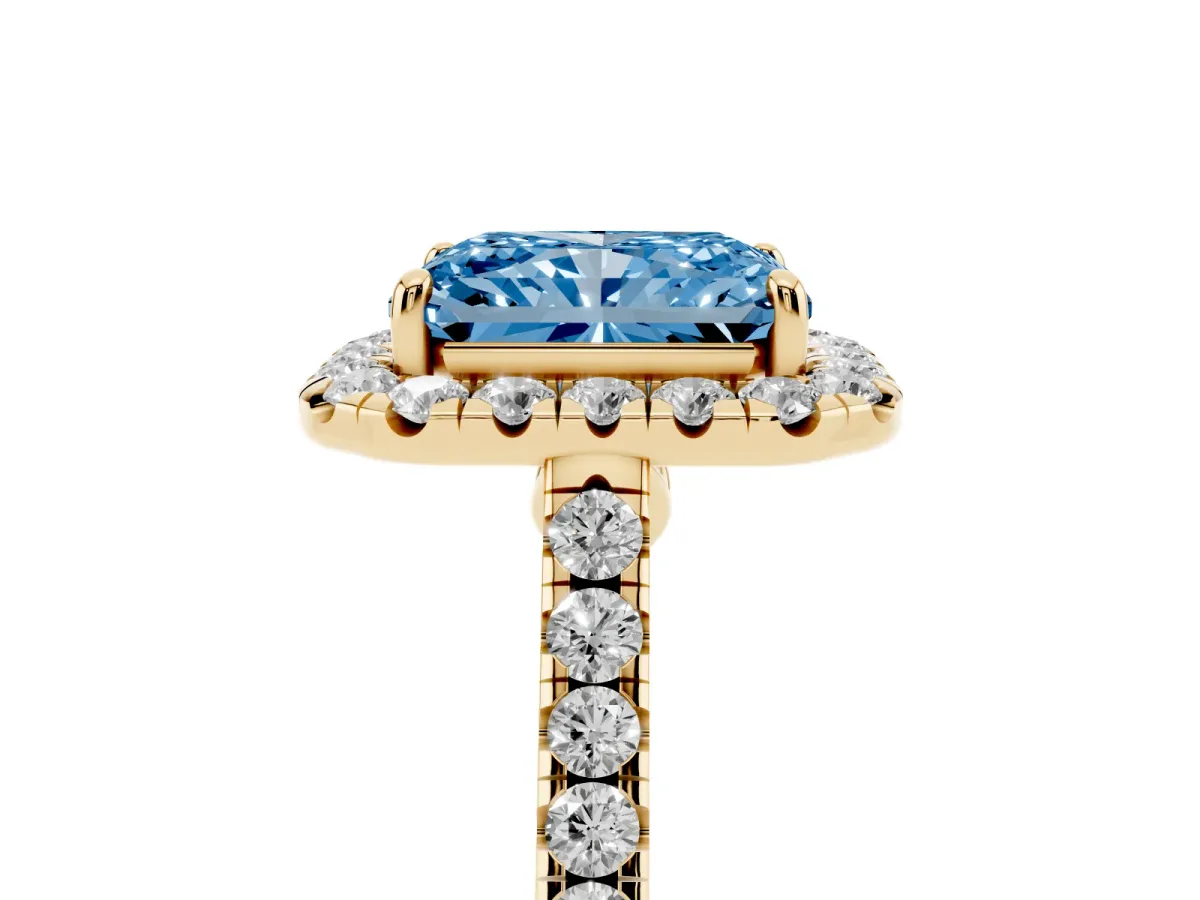 Fancy Blue Radiant Cut Halo Pave Diamond Engagement Ring with Four-Prong Setting Yellow gold