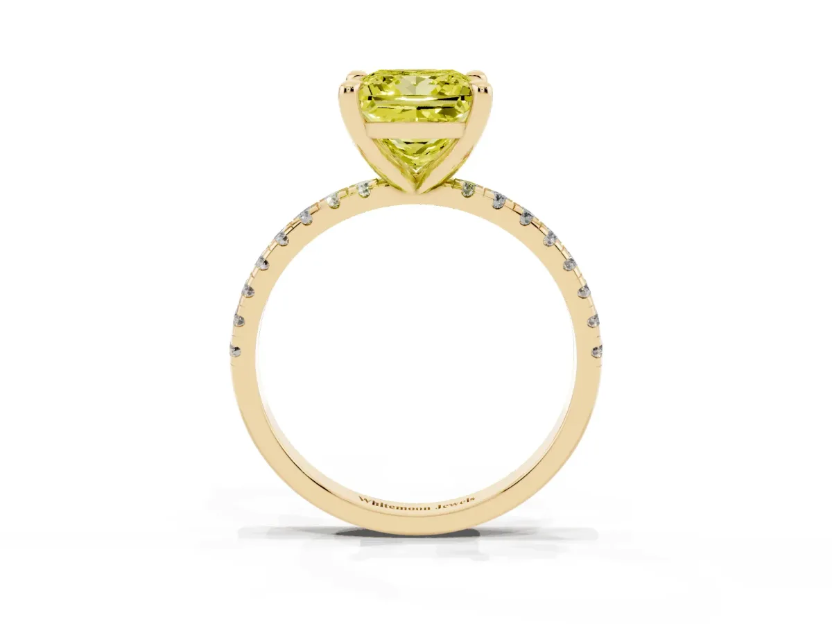 Fancy Yellow Princess Cut Diamond Brilliant Solitaire Ring with Pavé Band and Four-Prong Setting Yellow gold