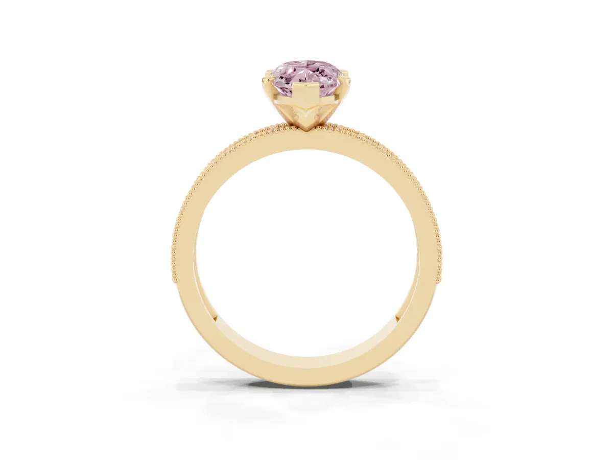 Fancy Pink Marquise Cut Diamond Milgrain Pavé Engagement Ring with Four-Prong Setting Yellow gold