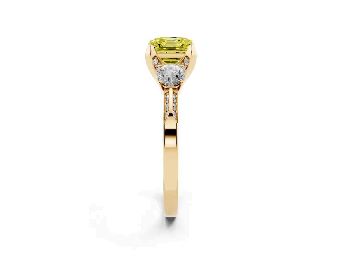 Fancy Yellow Asscher Cut Brilliant Three-Stone Diamond Ring with Pavé Band and Four-Prong Setting Yellow gold