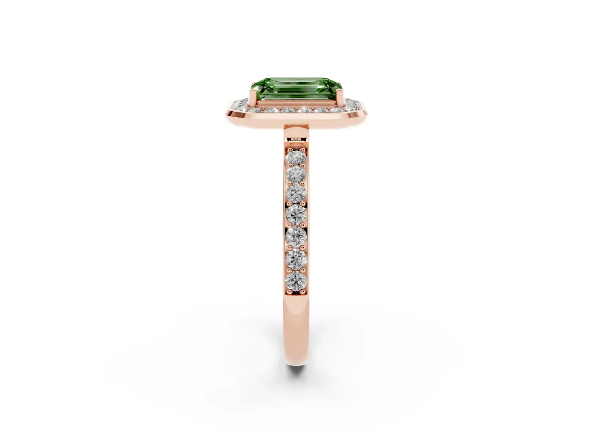 Fancy Green Emerald Cut Diamond Halo Ring with Bezel Frame and Pavé Band Rose gold