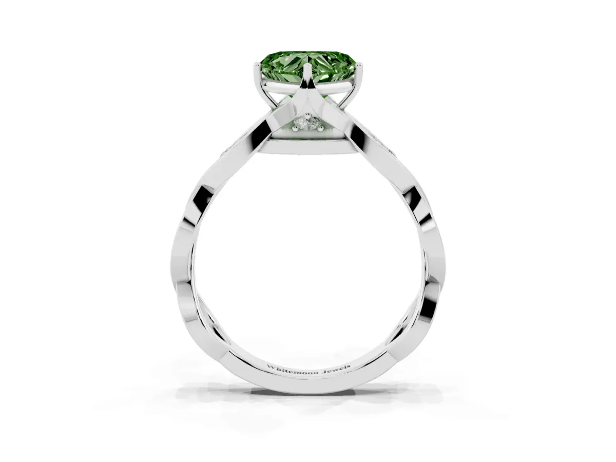 Fancy Green Heart Cut Solitaire Twist Band with Leaf Prong Setting Silver