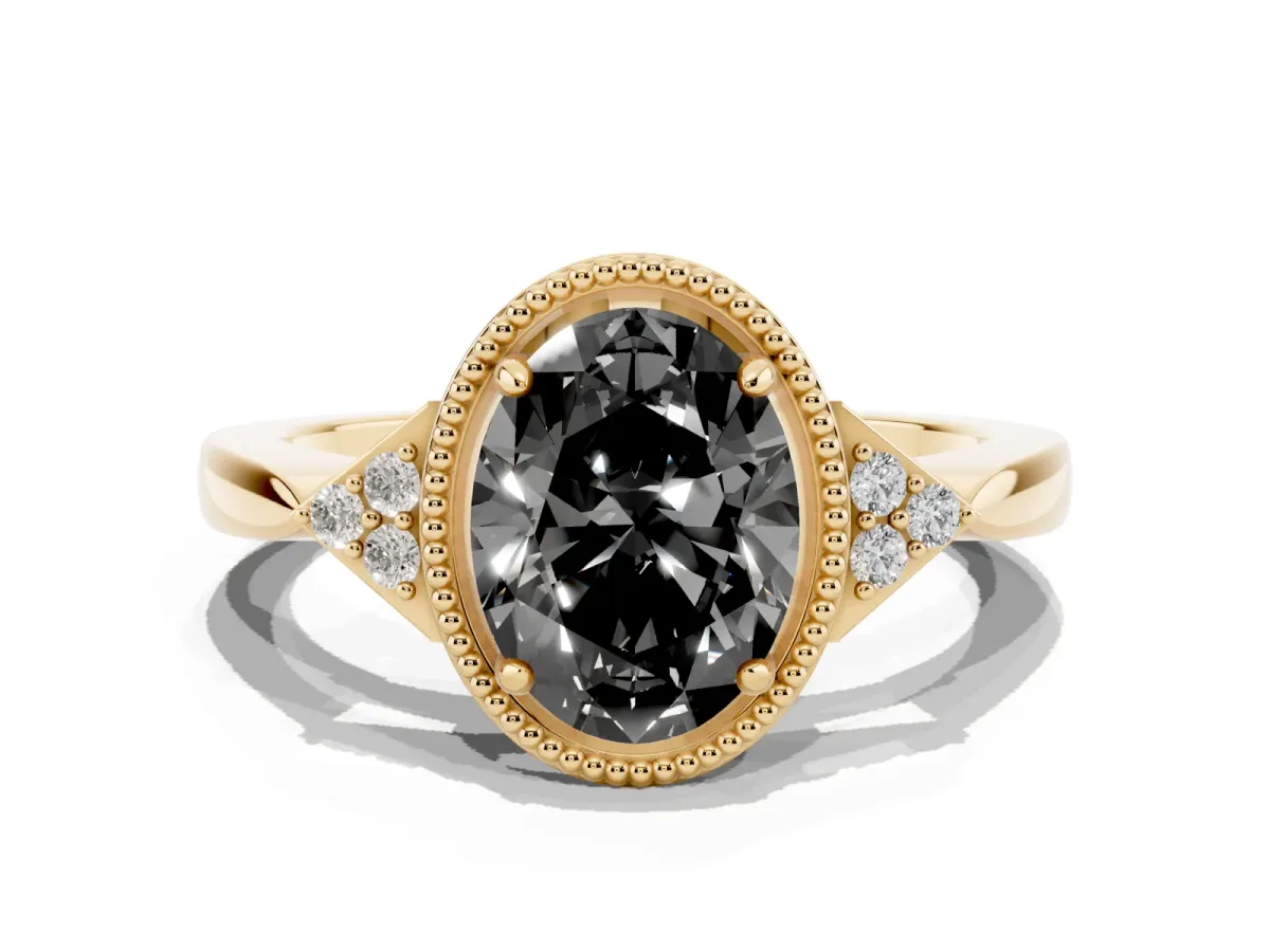 Fancy Black Hexagonal Halo Oval Cut Diamond Solitaire with Pavé Band and Four-Prong Setting Yellow gold
