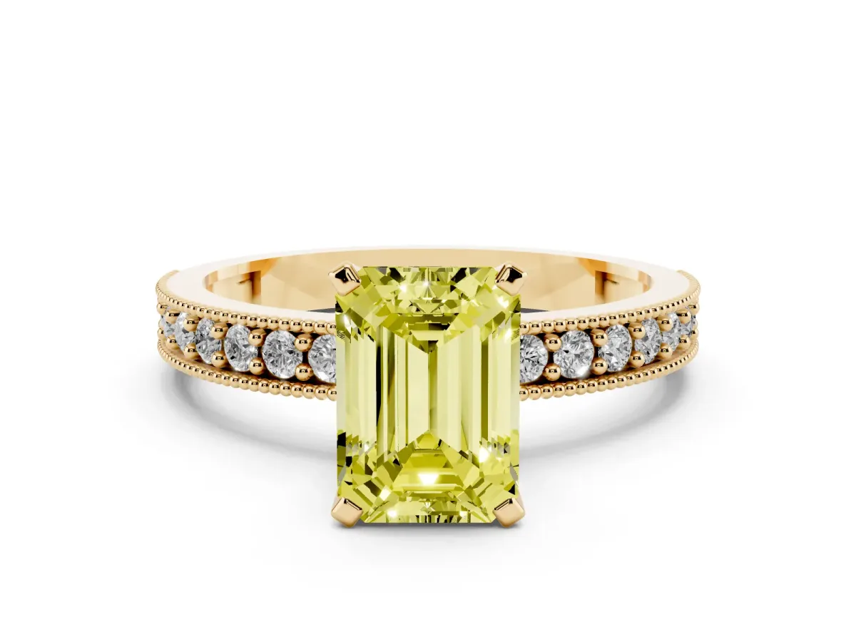 Fancy Yellow Emerald Cut Diamond Milgrain Pavé Engagement Ring with Four-Prong Setting Yellow gold