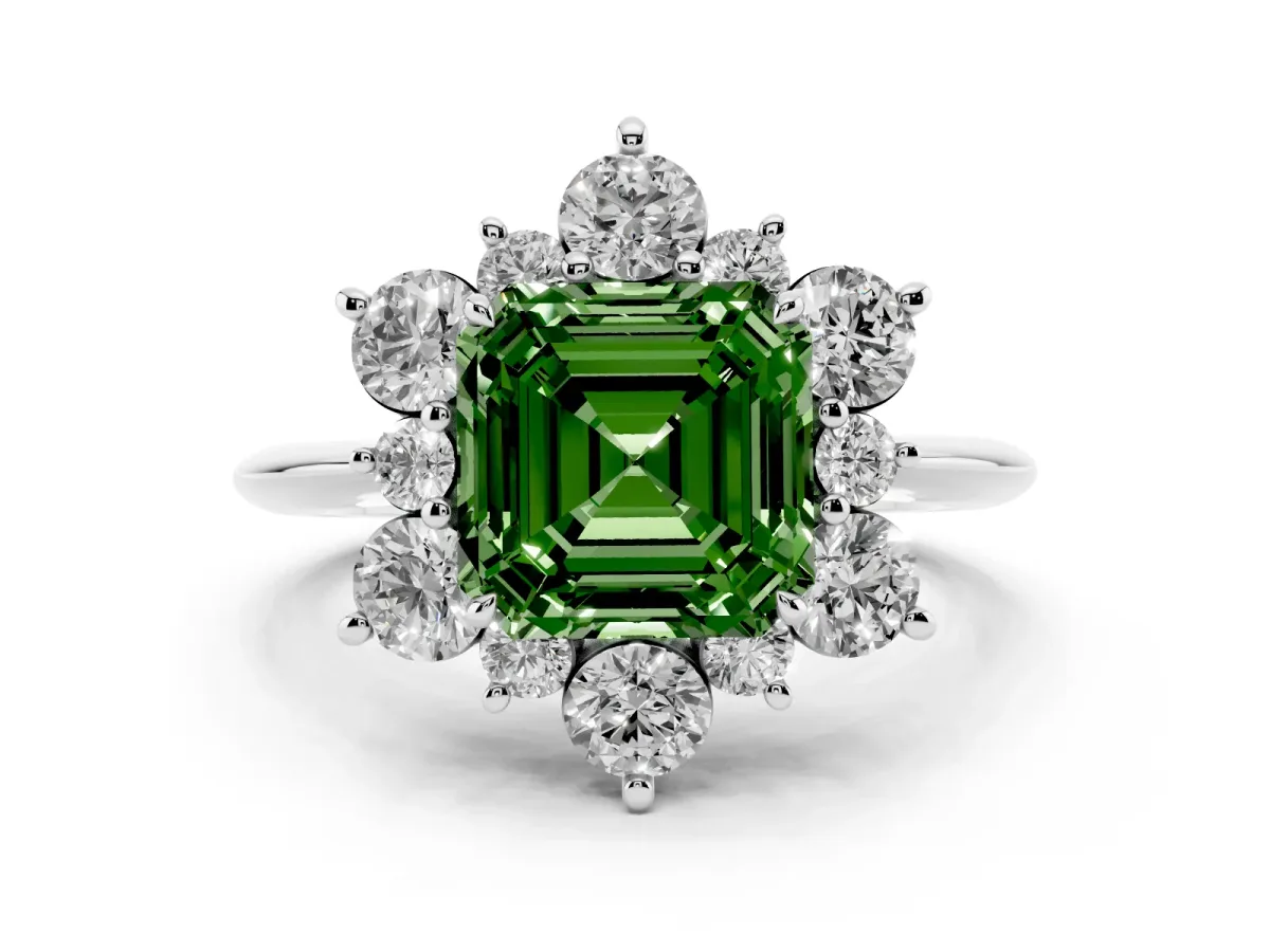 Fancy Green Asscher Cut Diamond Cluster Halo Ring with Solitaire Band and Four-Prong Setting White gold