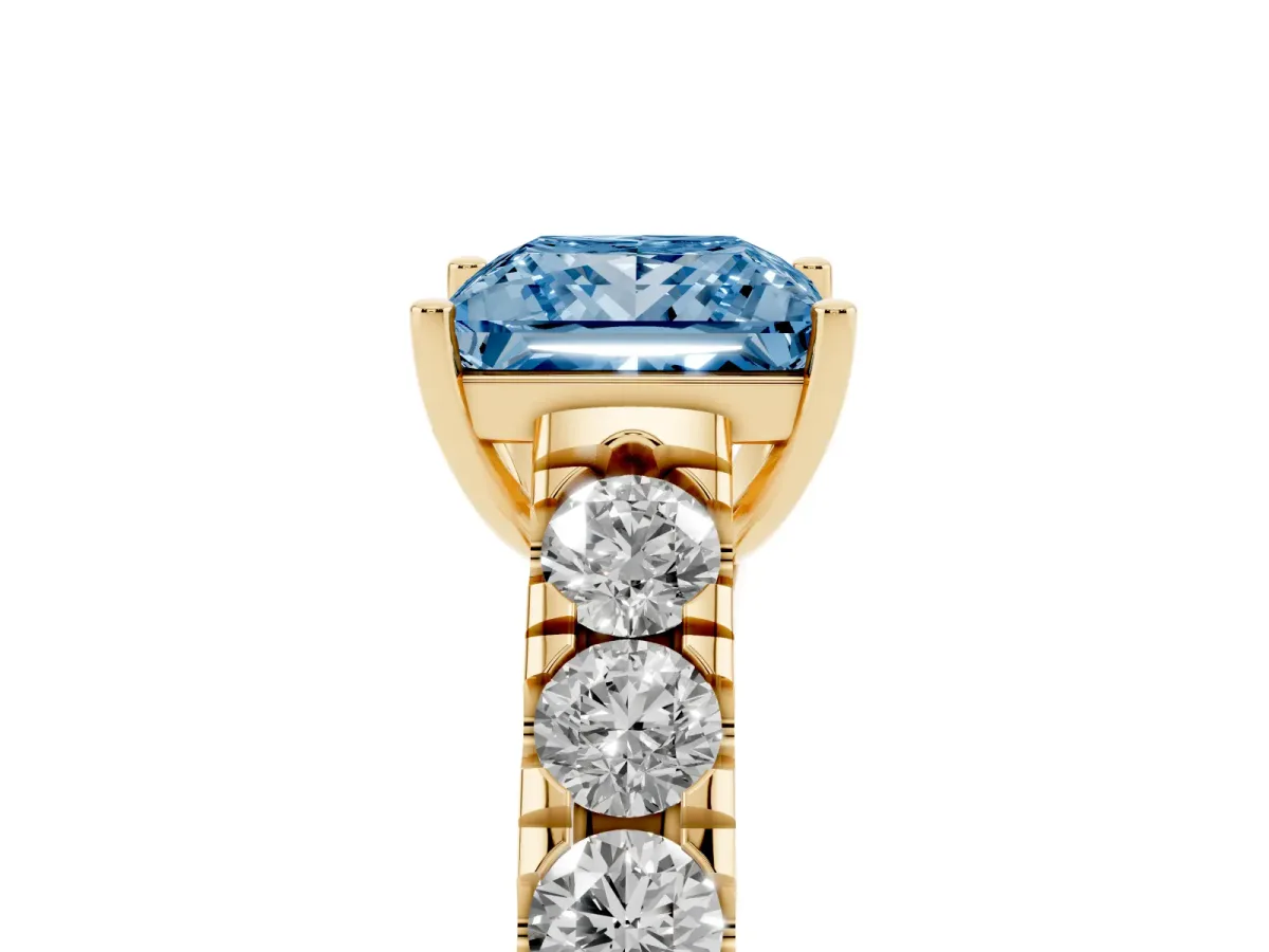 Fancy Blue Princess Cut Cut Diamond Solitaire Ring with Micro Pave Band and Prong Setting Yellow gold