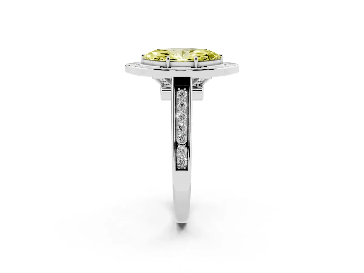 Fancy Yellow Marquise Cut Halo Solitaire Diamond Ring with Pave Band and Bezel Setting White gold