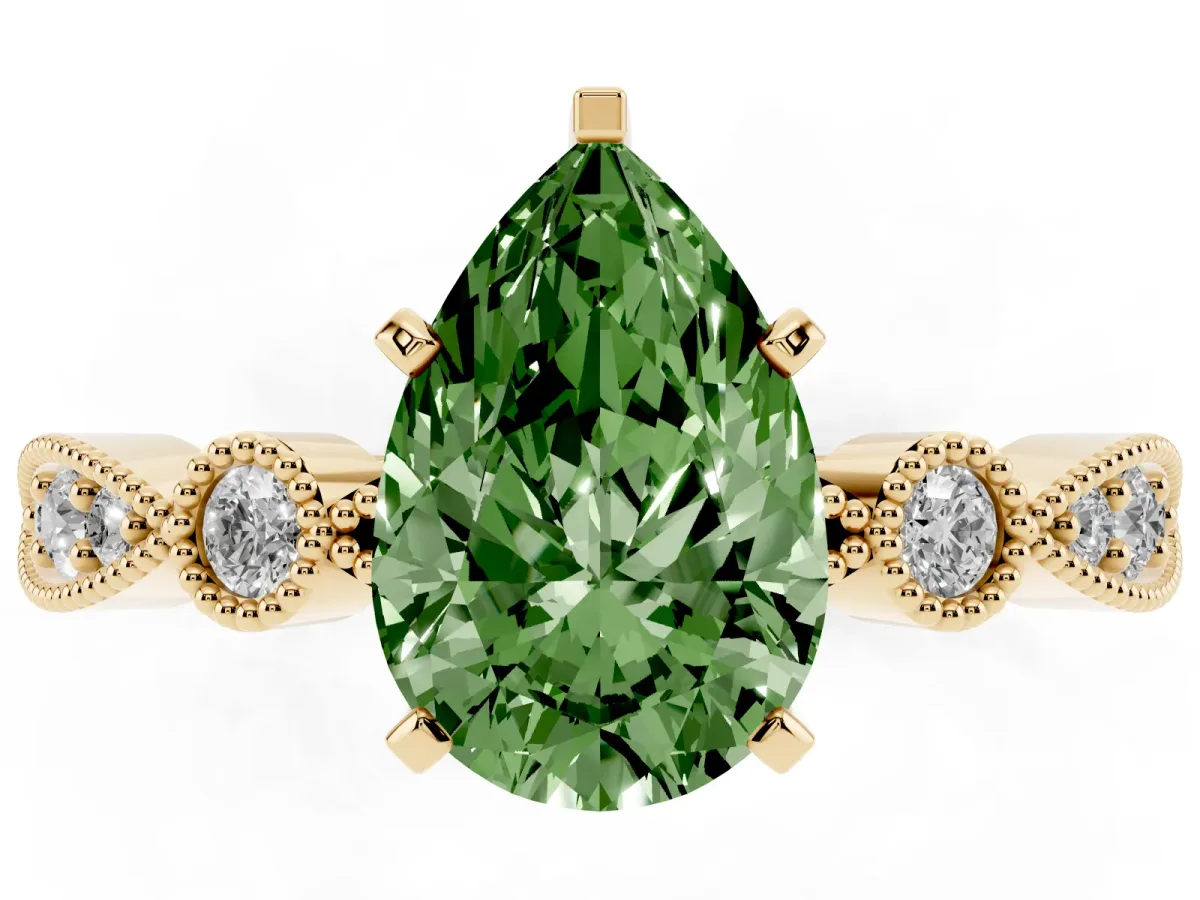 Fancy Green Pear Cut Milgrain Bezel Diamond Engagement Ring with Solitaire Prong Setting Yellow gold