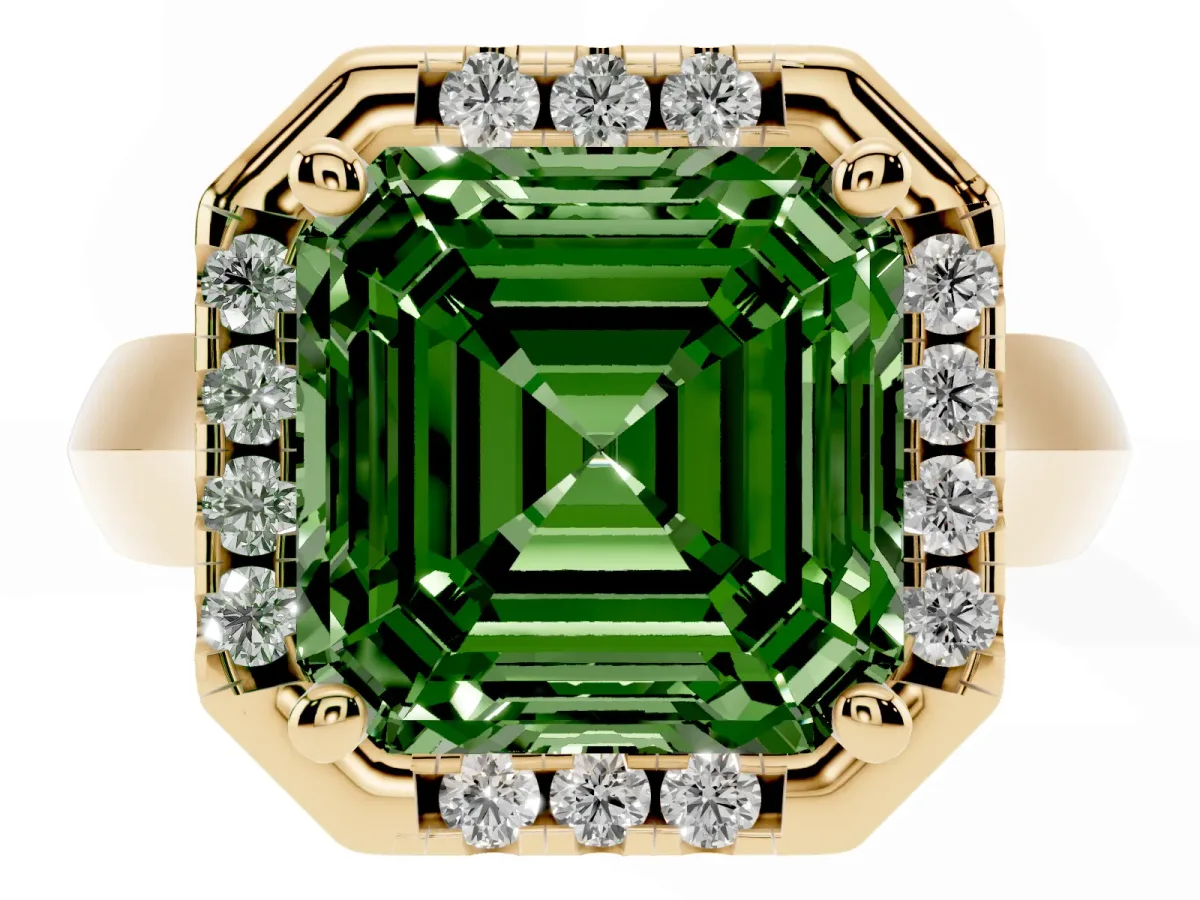 Fancy Green Asscher Cut Cut Halo Solitaire Engagement Ring with Square Band and Four-Prong Setting Yellow gold