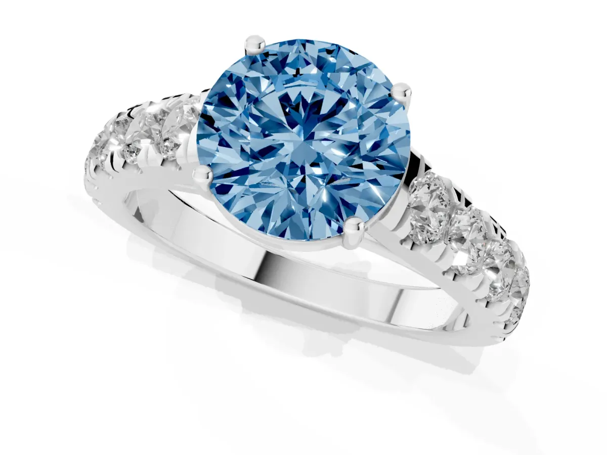 Fancy Blue Round Cut Cut Diamond Solitaire Ring with Micro Pave Band and Prong Setting Silver
