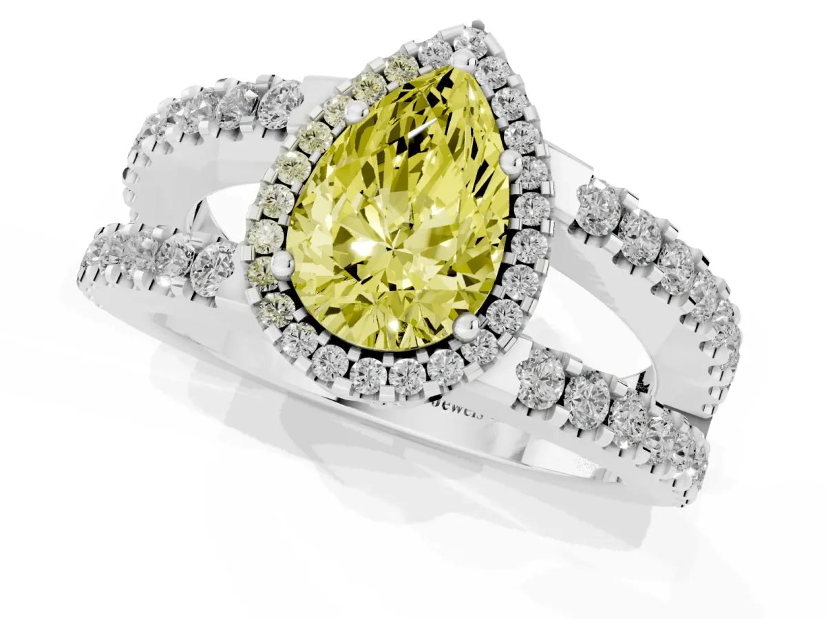 Fancy Yellow Pear Cut Cut Halo Split Shank Diamond Ring with Four-Prong Setting Platinum