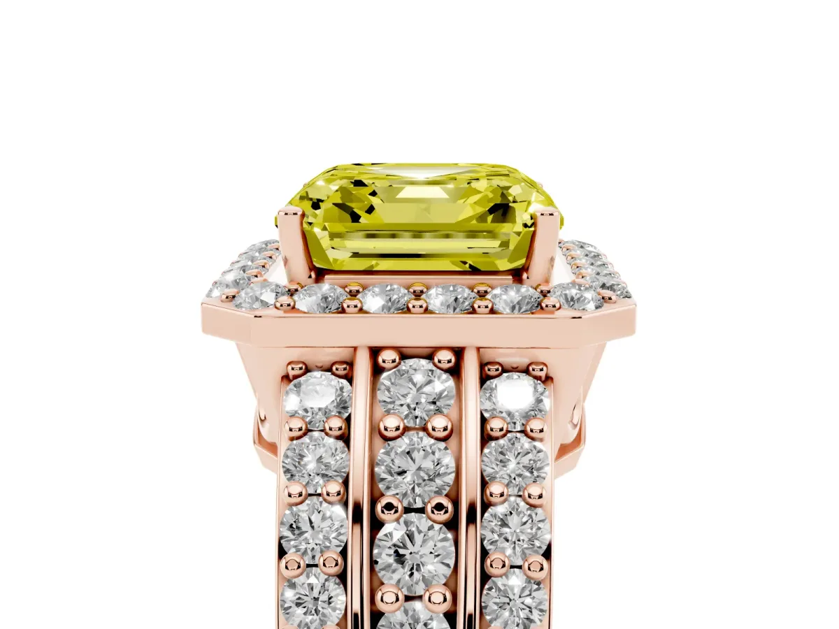 Fancy Yellow Asscher Cut Halo Diamond Ring with Round Split Shank and Prong Setting Rose gold