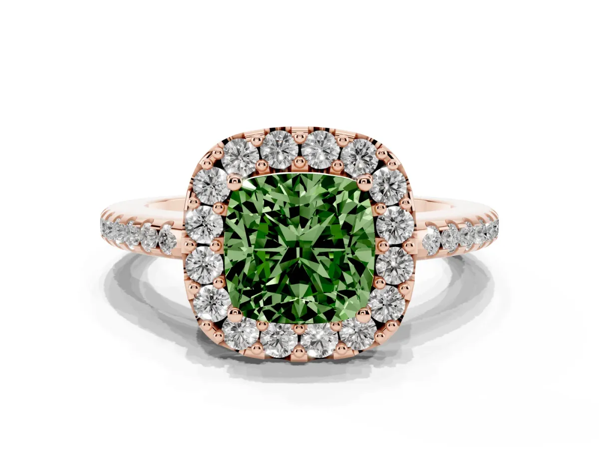Fancy Green Cushion Cut Diamond Pavé Halo Ring with Four-Prong Setting Rose gold