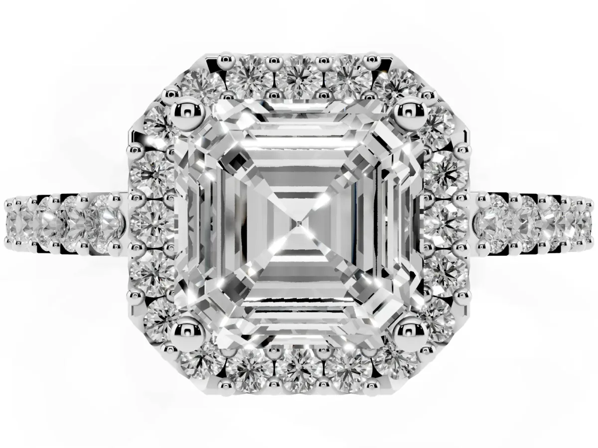 Asscher Cut Halo Diamond Pavé Solitaire Ring Platinum