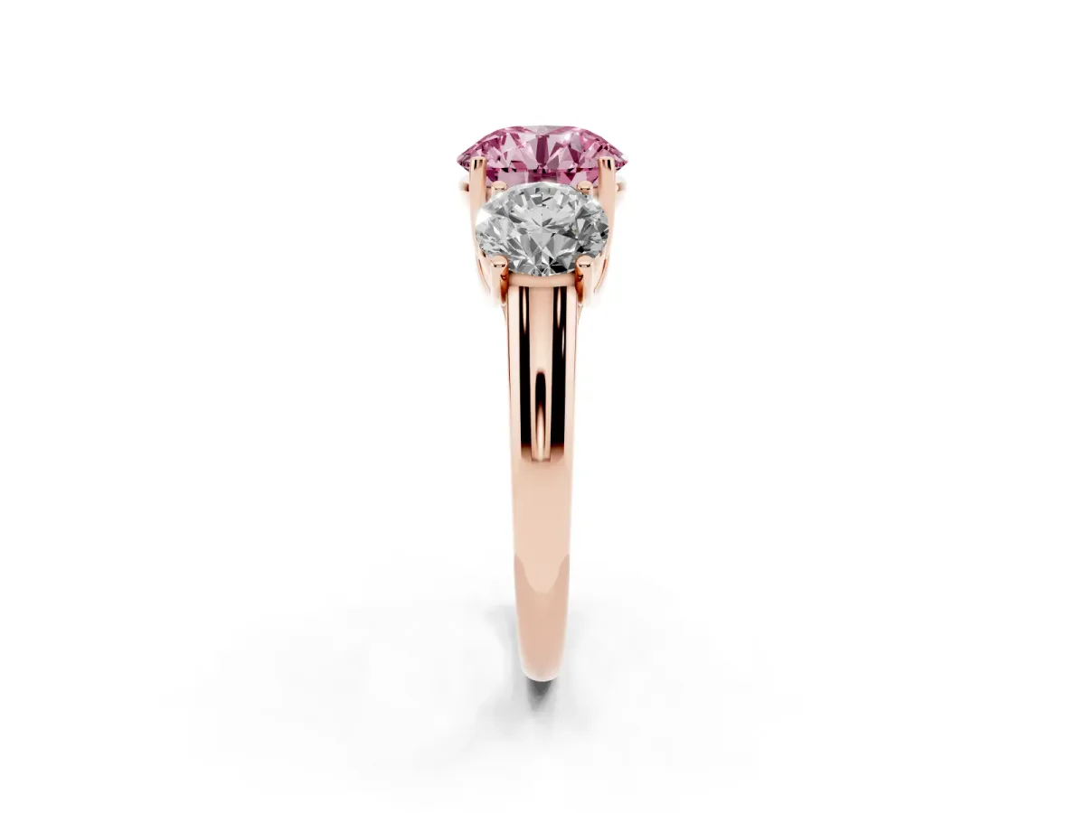 Fancy Pink Three-Stone Round Cut Diamond Engagement Ring with Prong Setting Rose gold