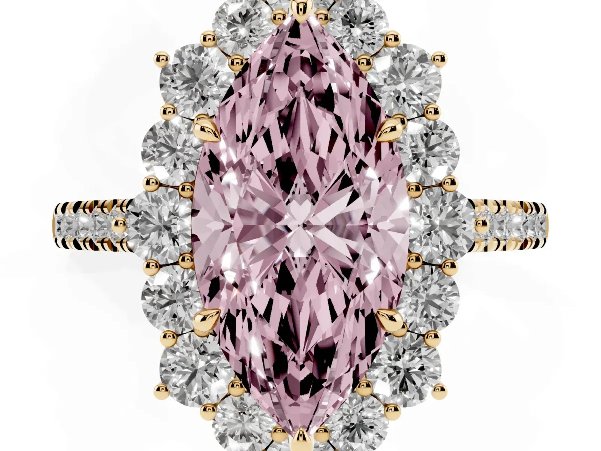 Fancy Pink Marquise Cut Halo Diamond Ring with Pavé Band and Prong Setting Yellow gold
