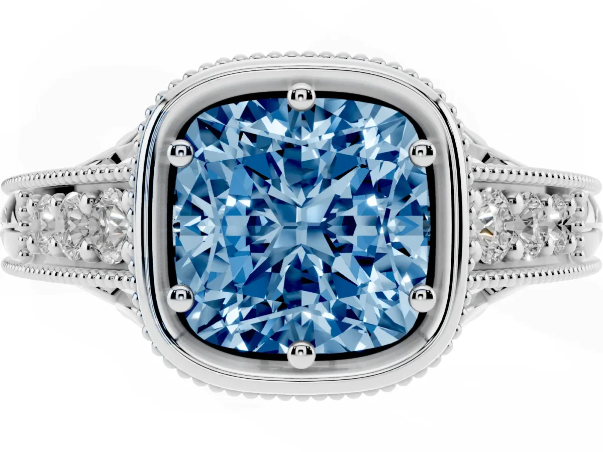 Fancy Blue Bezel Set Cushion Cut Diamond Milgrain Pave Engagement Ring Silver