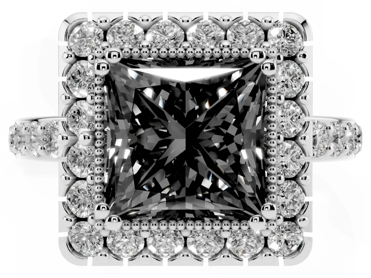 Fancy Black Princess Cut Diamond Halo Ring with Pavé Band and Prong Setting Platinum