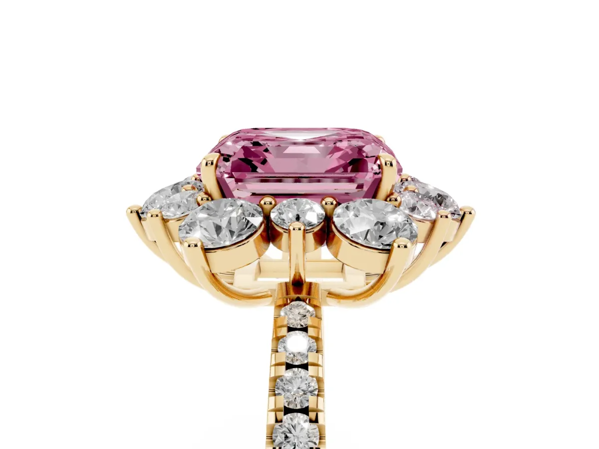 Fancy Pink Asscher Cut Diamond Floral Halo Ring with Round Pavé Band and Prong Setting Yellow gold