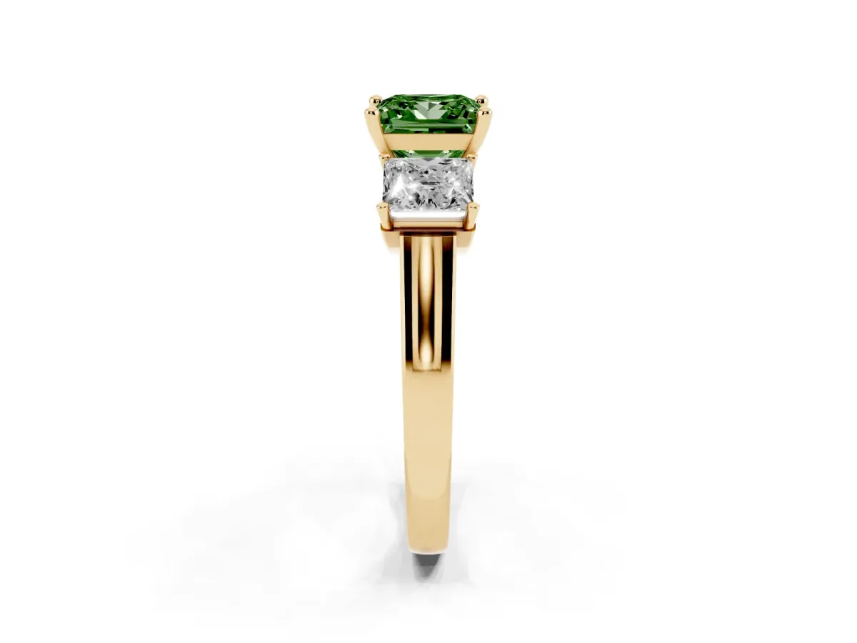 Fancy Green Three-Stone Princess Cut Brilliant Diamond Trellis Ring with Comfort Fit Band Yellow gold