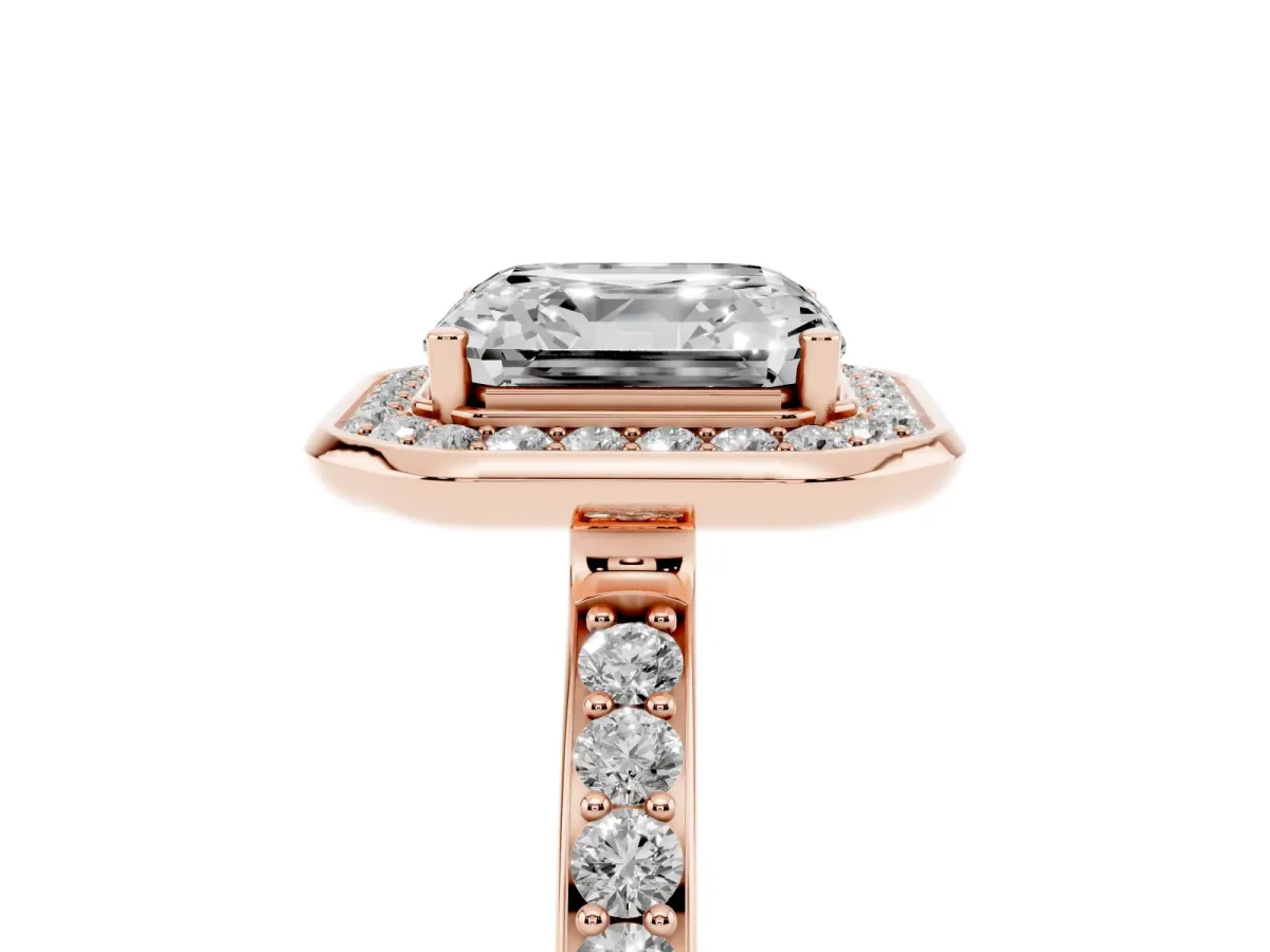 Asscher Cut Diamond Halo Ring with Bezel Frame and Pavé Band Rose gold