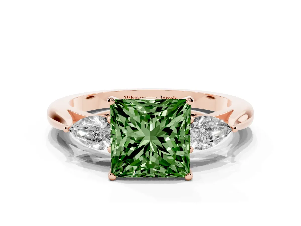 Fancy Green Three-Stone Princess Cut Diamond Ring with Pear Side Stones in Four-Prong Setting Rose gold