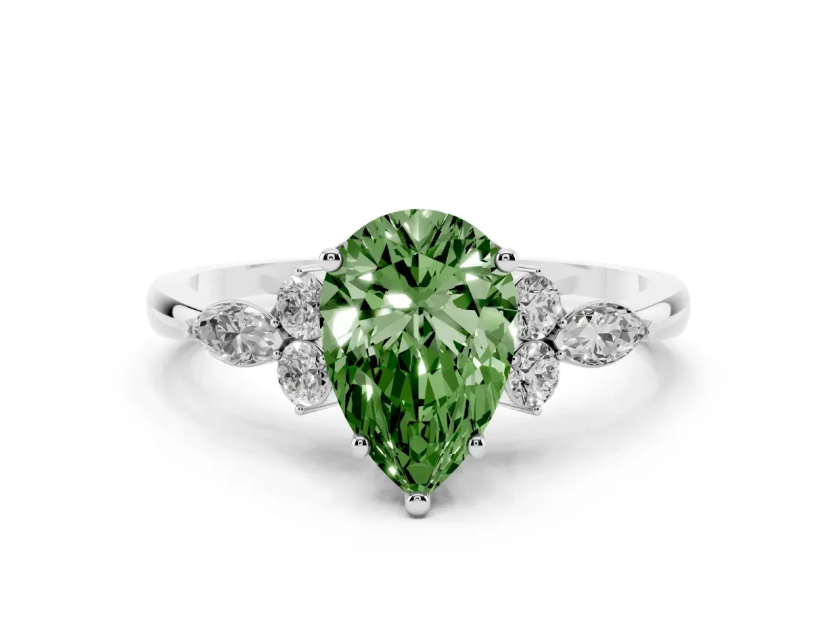 Fancy Green Pear Cut Brilliant Diamond Solitaire Ring with Pear Side Stones and Four-Prong Setting White gold