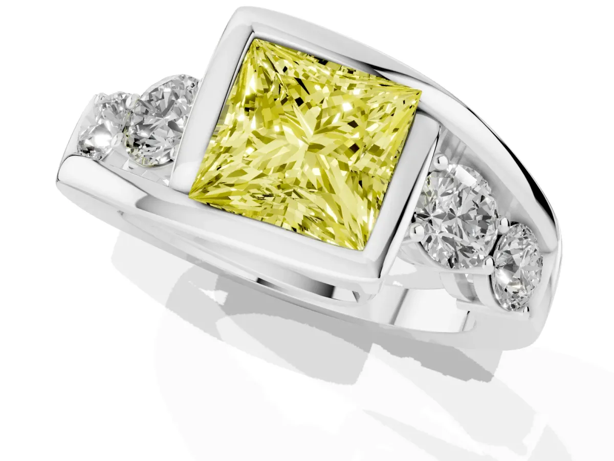 Fancy Yellow Bezel Set Princess Cut Diamond Bypass Ring with Round Accents Silver