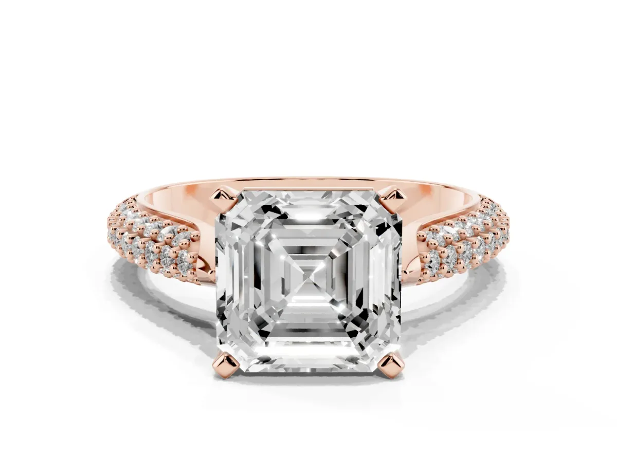 Asscher Cut Diamond Solitaire Engagement Ring with Multi-Row Round Pavé Band and Prong Setting Rose gold