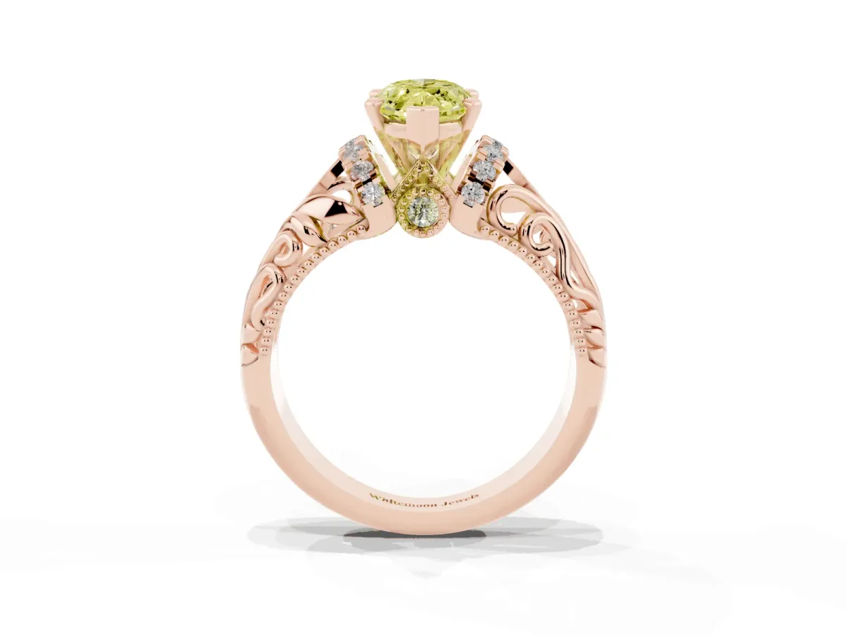 Fancy Yellow Marquise Cut Solitaire Filigree Engagement Ring with Halo and Prong Setting Rose gold