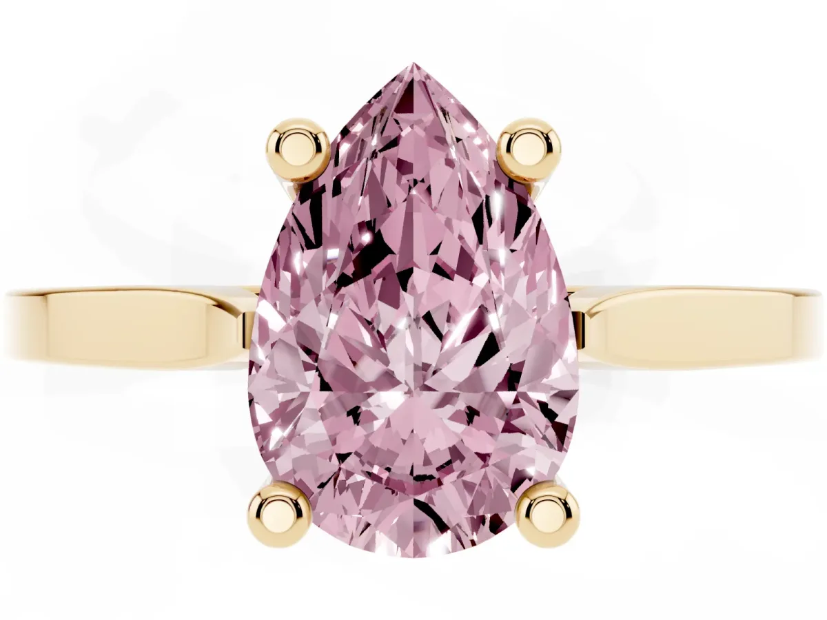 Fancy Pink Pear Cut Solitaire Diamond Ring with Four-Prong Setting and Tapered Band Yellow gold