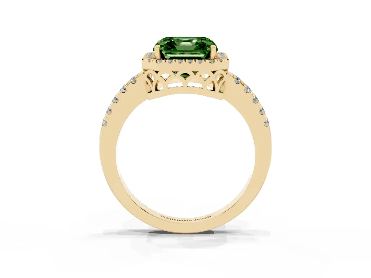 Fancy Green Asscher Cut Halo Diamond Engagement Ring with Pavé Band and Four-Prong Setting Yellow gold