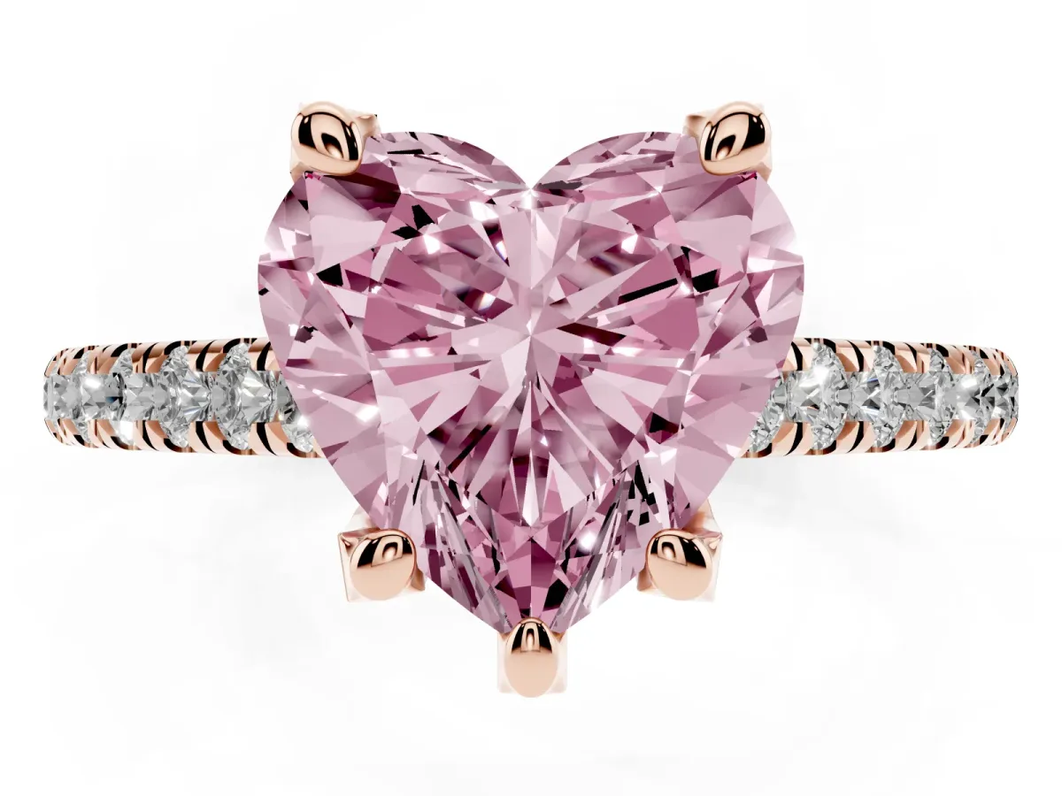 Fancy Pink Heart Cut Brilliant Diamond Solitaire with Pavé Band and Four-Prong Setting Rose gold