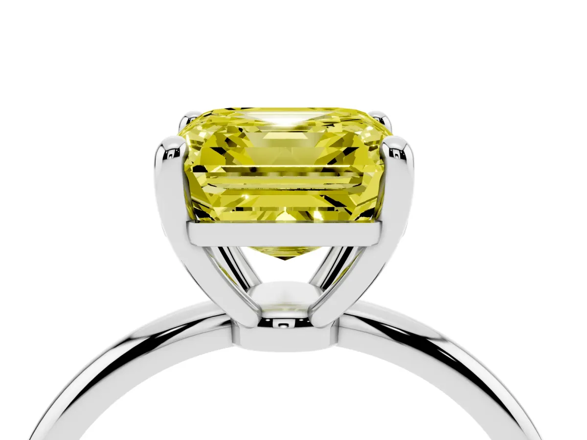 Fancy Yellow Asscher Cut Solitaire Diamond Ring with 4-Prong Setting on a Classic Band Silver
