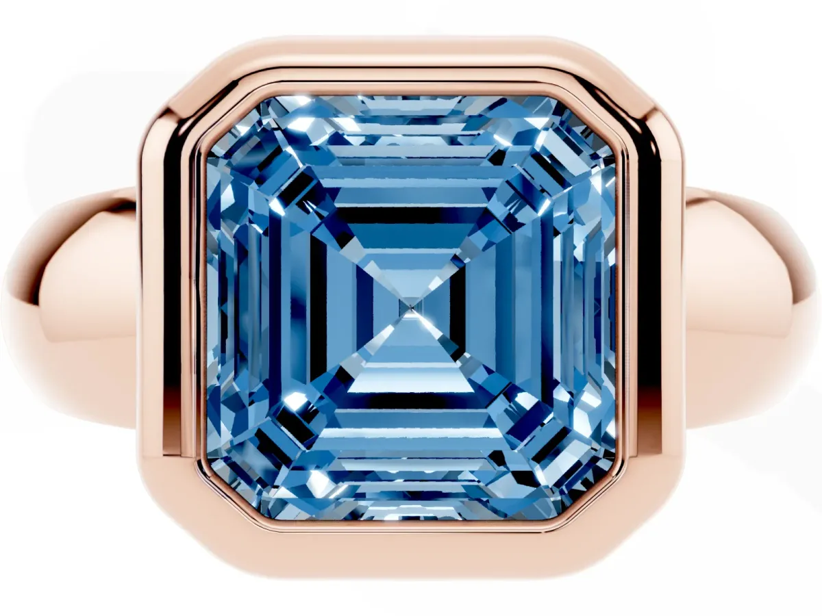 Fancy Blue Bezel Set Asscher Cut Solitaire Ring with Wide Band Rose gold