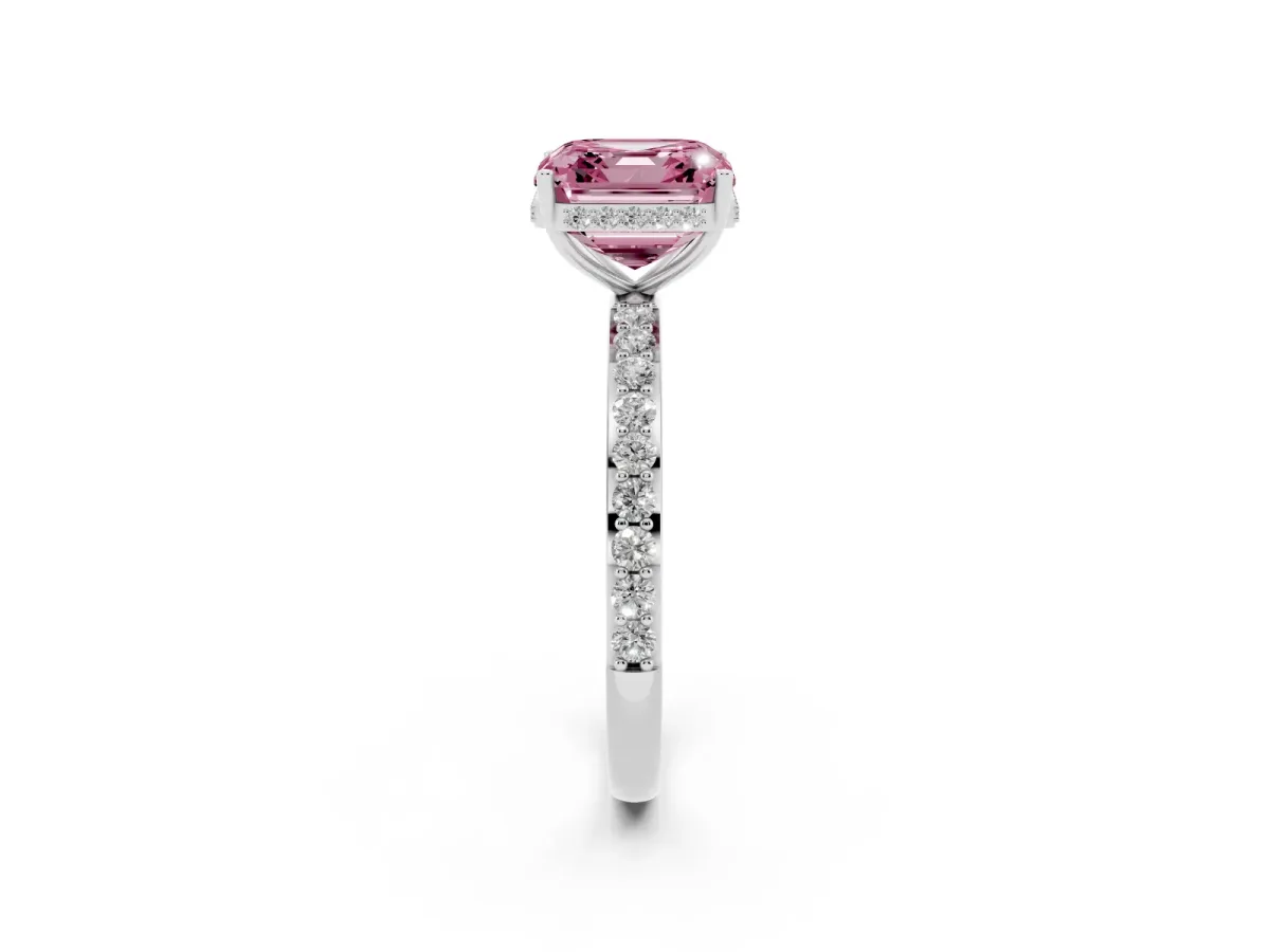 Fancy Pink Asscher Cut Diamond Solitaire Ring with Pavé Band and Hidden Halo Silver