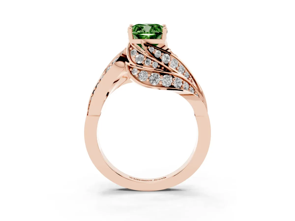 Fancy Green Cushion Cut Diamond Solitaire Ring with Prong Setting and Twisted Pavé Band Rose gold