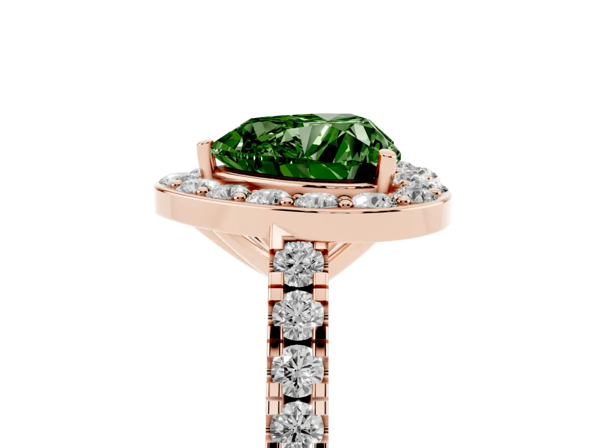 Fancy Green Heart Cut Diamond Halo Ring with Round Pavé Split Shank and Prong Setting Rose gold
