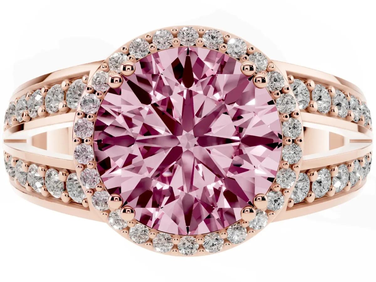 Fancy Pink Round Cut Diamond Halo Ring with Split Shank Pavé Band and Four-Prong Setting Rose gold