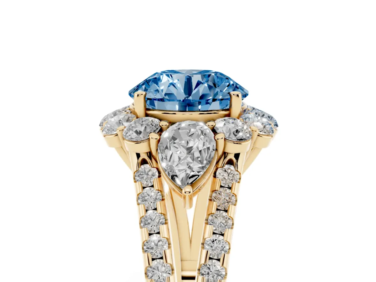 Fancy Blue Round Cut Halo Split Shank Diamond Engagement Ring with Prong Setting Yellow gold