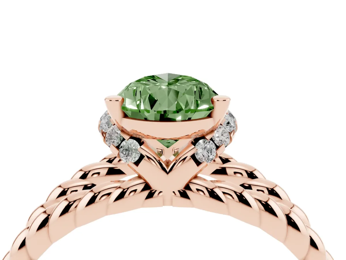 Fancy Green Pear Cut Halo Twisted Band Four-Prong Ring Rose gold