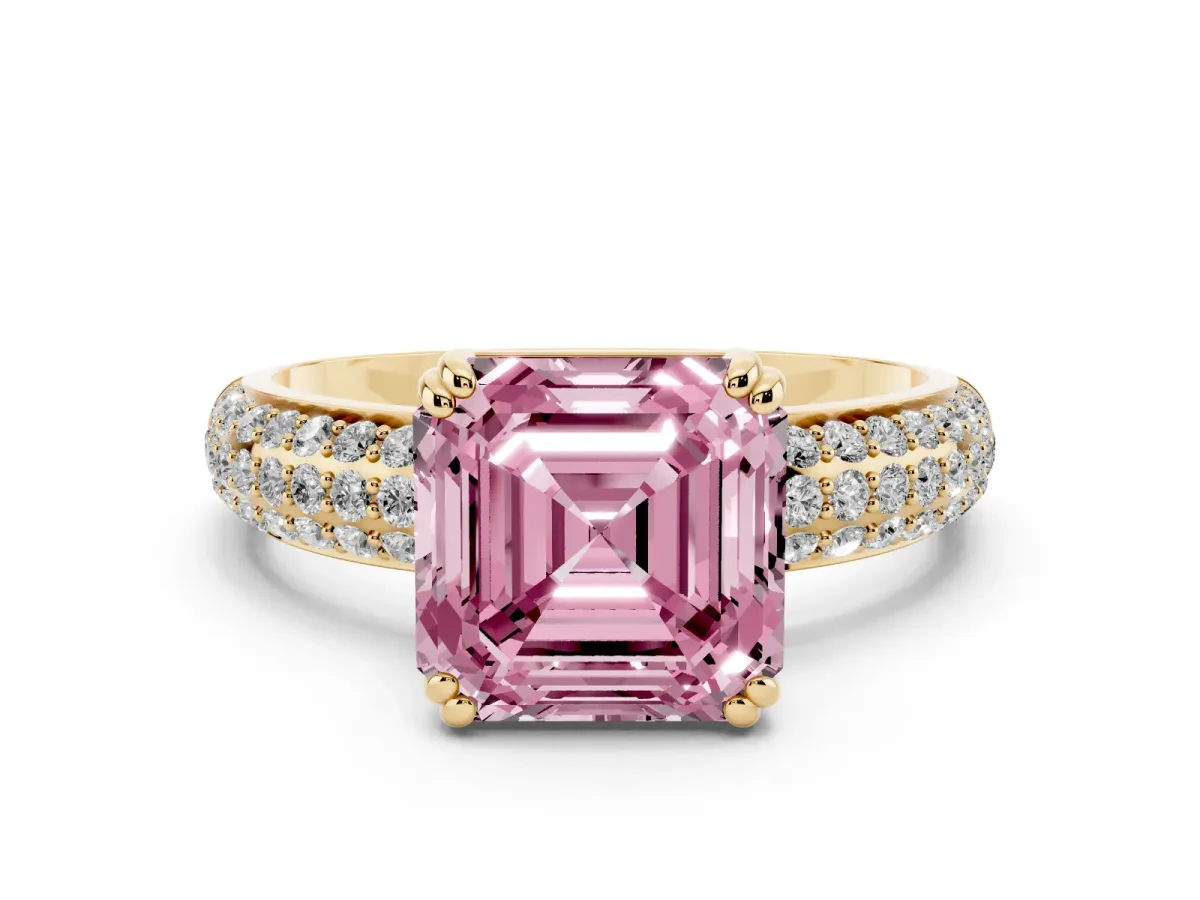 Fancy Pink Asscher Cut Diamond Solitaire Ring with Multi-Row Round Pavé Band and Prong Setting Yellow gold