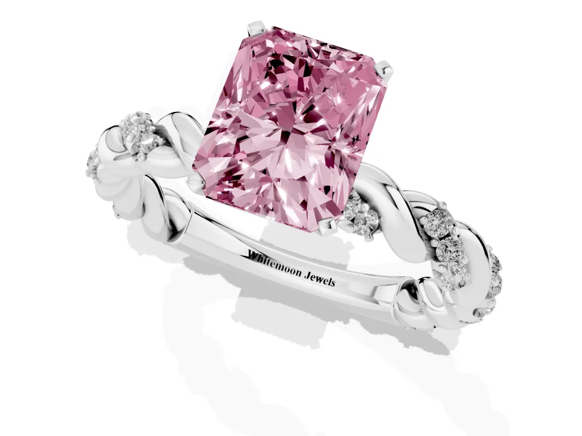 Fancy Pink Radiant Cut Diamond Solitaire Ring with Twisted Band and Pavé Accents Silver