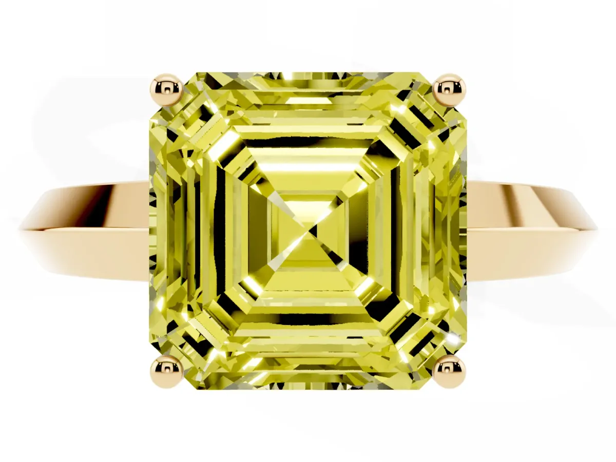 Fancy Yellow Asscher Cut Cut Solitaire Engagement Ring with Flat Band and Four-Prong Setting Yellow gold