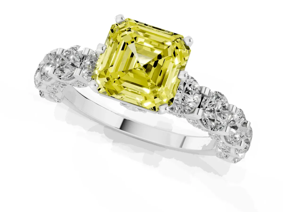 Fancy Yellow Asscher Cut Diamond Side Stone Engagement Ring with Four-Prong Setting White gold