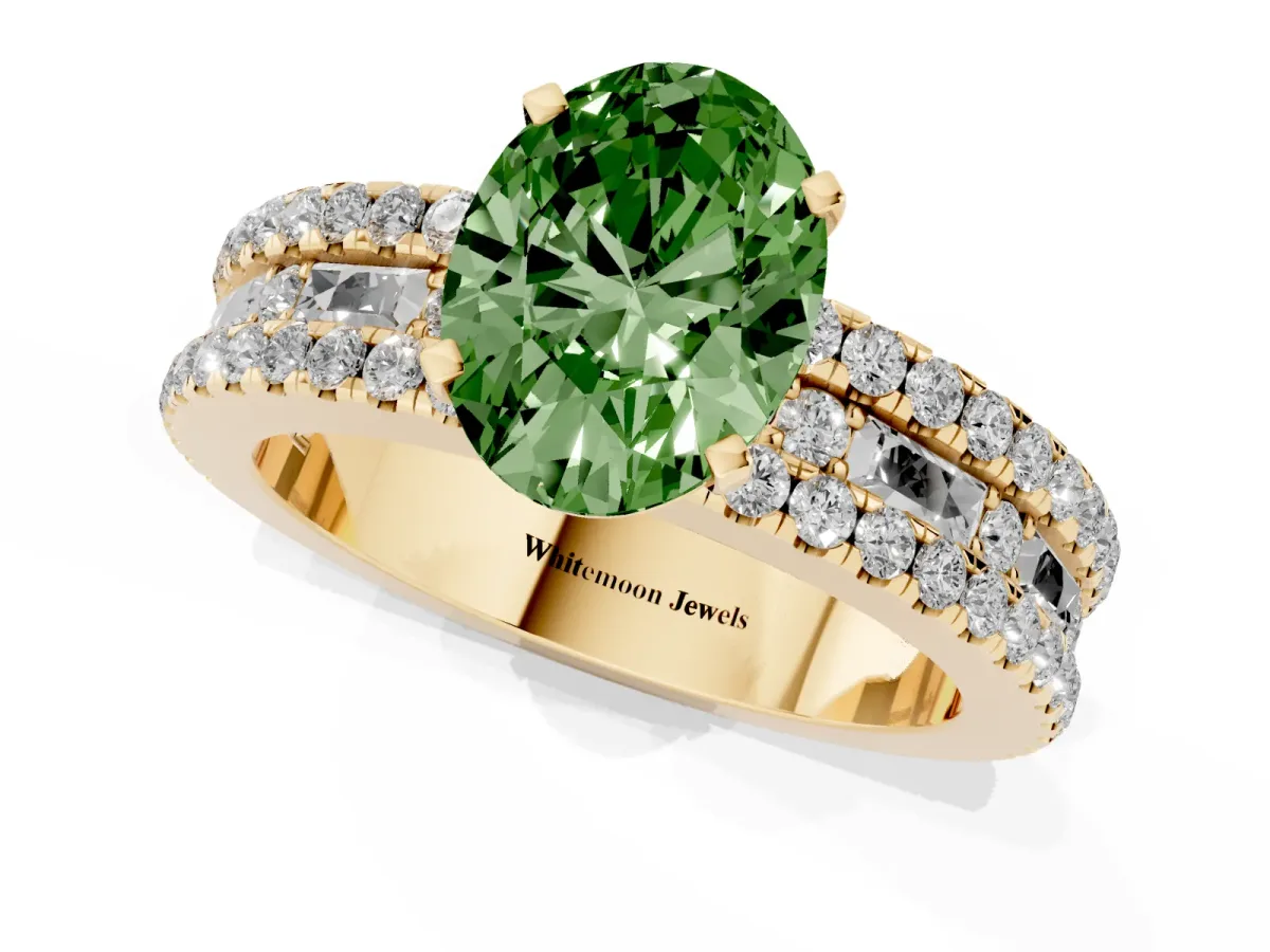 Fancy Green Oval Cut Diamond Solitaire Ring with Pavé and Channel Set Band Yellow gold