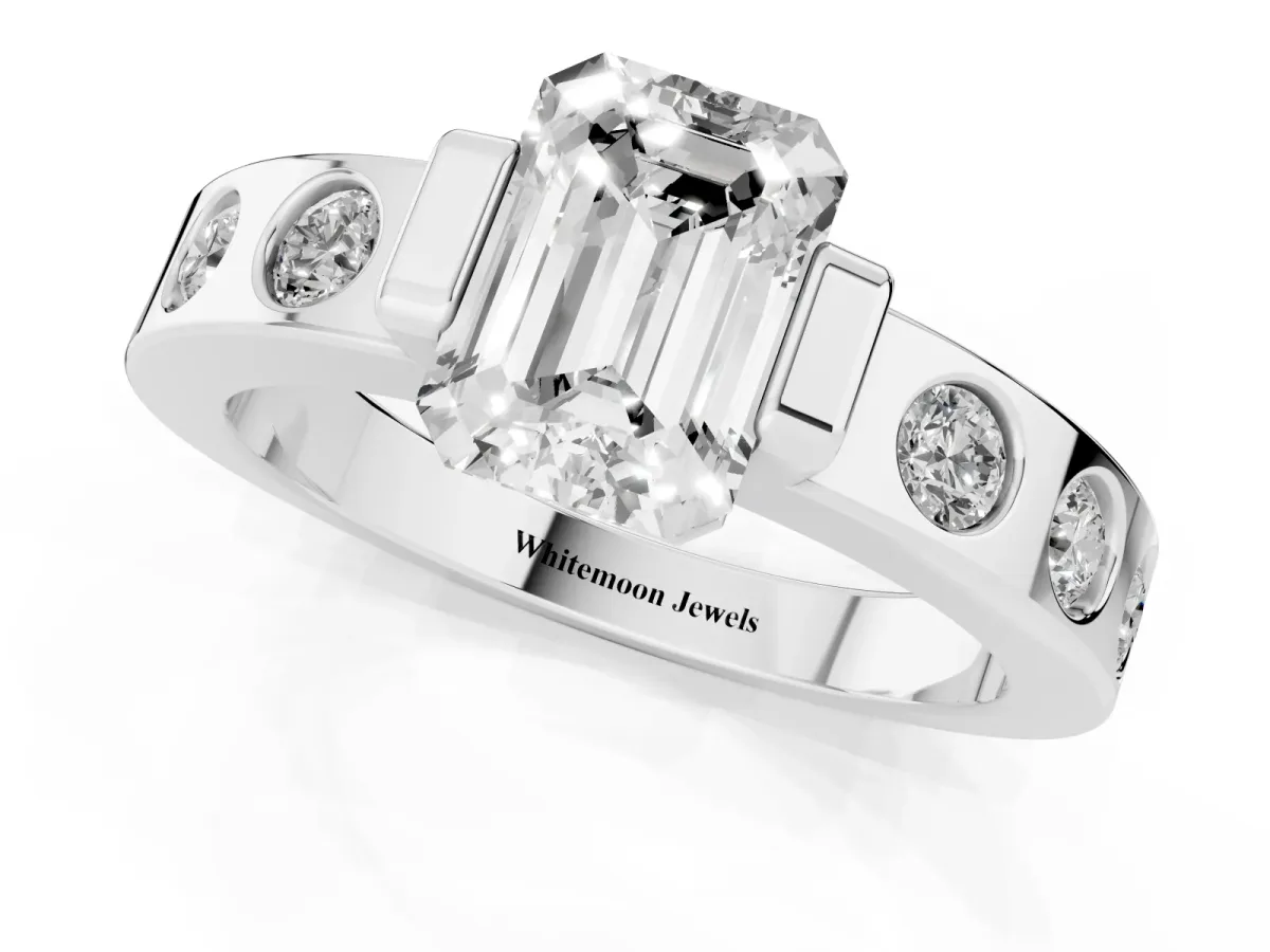 Emerald Cut Brilliant Channel-Set Diamond Ring with Bezel Prong Setting Silver