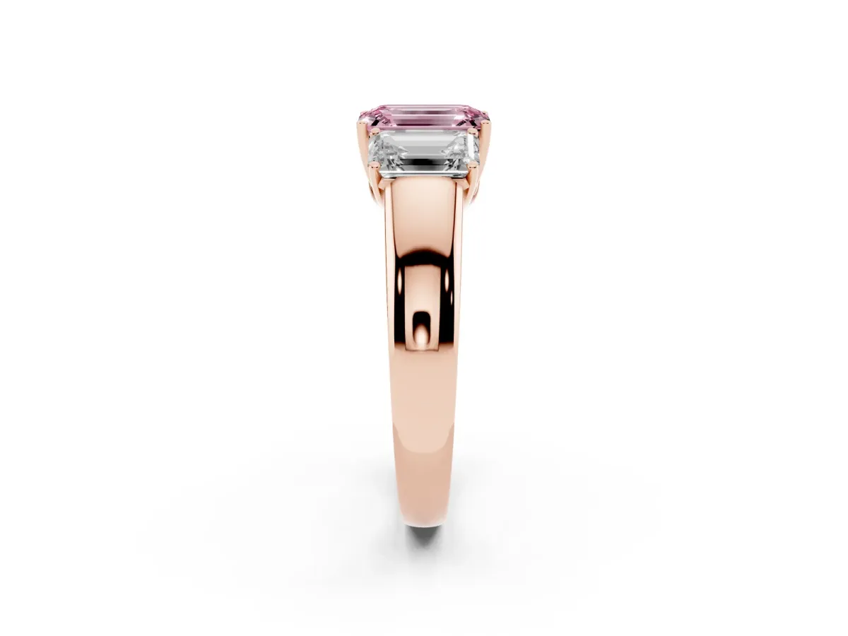 Fancy Pink Three-Stone Emerald Cut Cut Diamond Ring with Prong Setting and Classic Band Rose gold