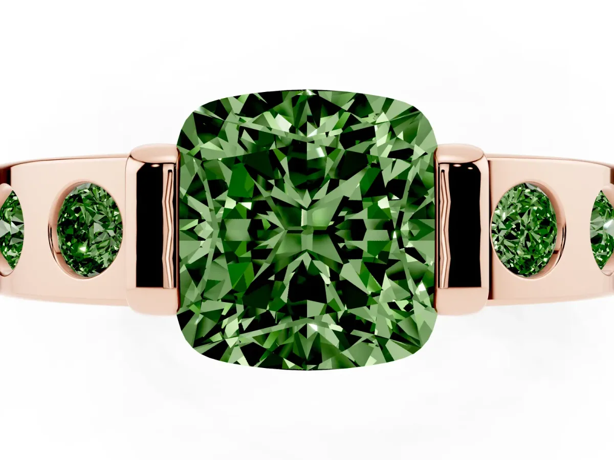 Fancy Green Cushion Cut Brilliant Channel-Set Diamond Ring with Bezel Prong Setting Rose gold